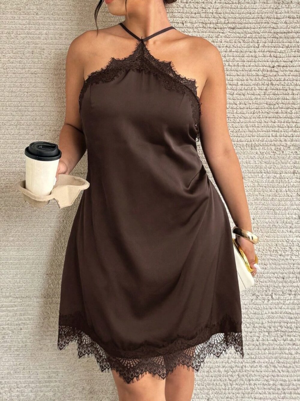 Brown Elegant Women's Plus Size Contrast Lace Halter Fitted Mini Dress - Picture 5 of 7